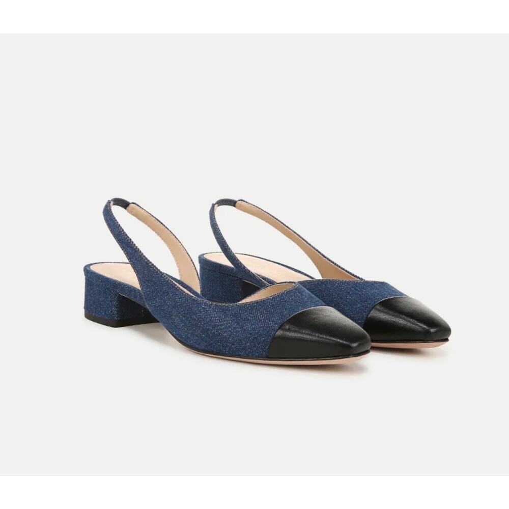 Veronica Beard Blue Denim and Black Leather Slingback Flats